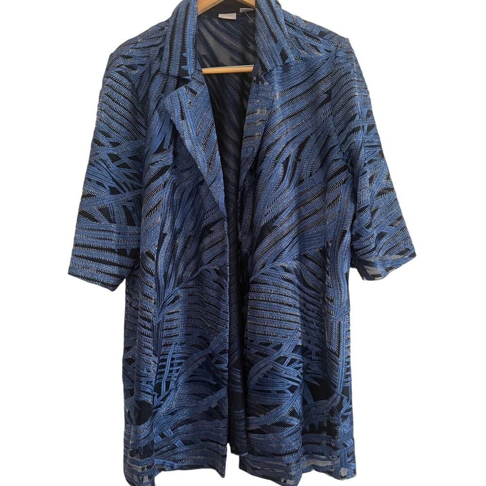 CHICO'S TRAVELERS Blue Whimsy Mesh Stripe Embroidered 3/4 Sleeve Jacket 4  26/28
